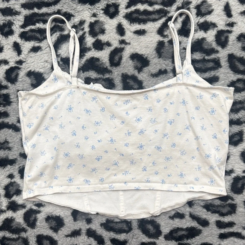 Hollister White Cami Top With Micro Ruffles and Blue Floral Print - Picture 5 of 5